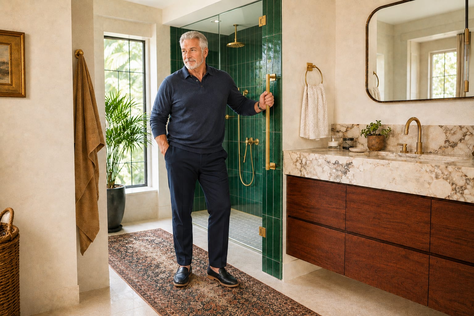 Homeowner holding a vertical brass grab bar in a luxurious bathroom with emerald green tile